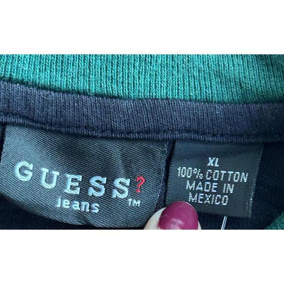 Vintage Guess Jeans V-Neck Long Sleeve Shirt Mens XL Black Green Trim NWT - Picture 4 of 5